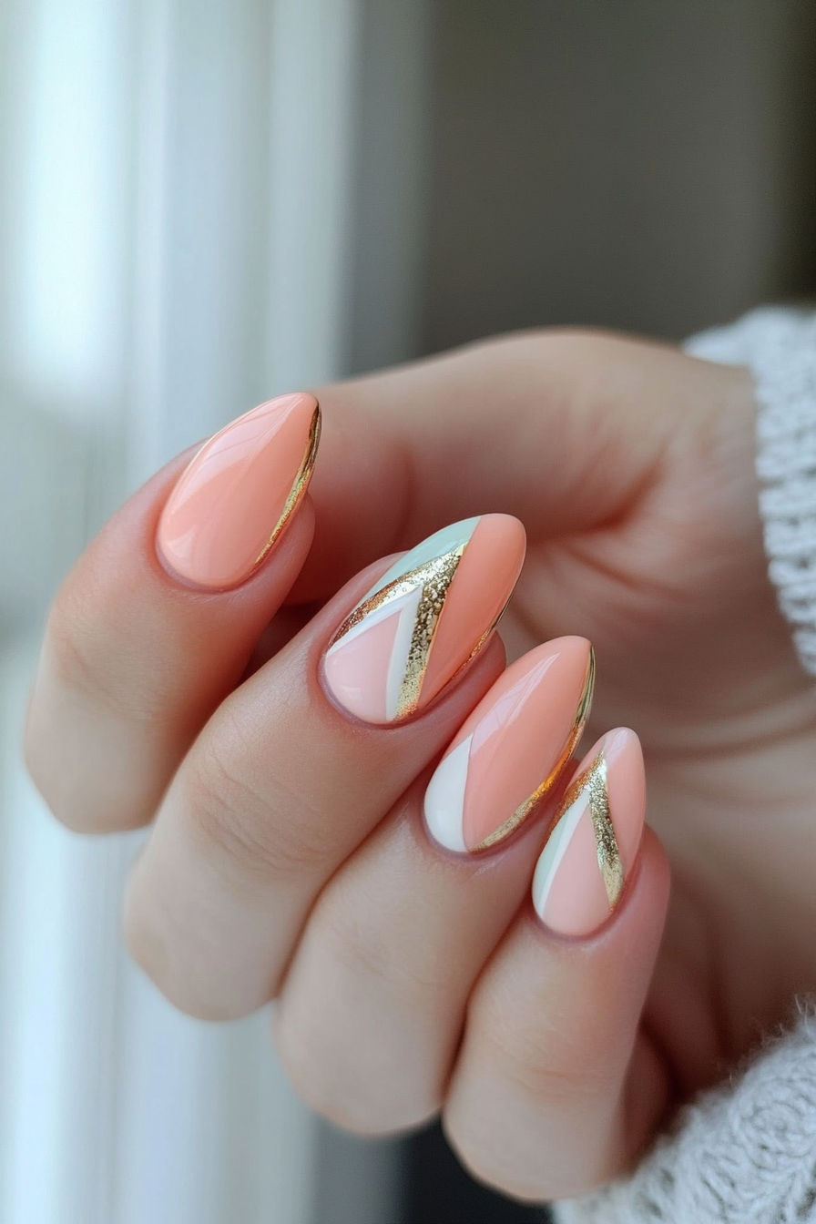 16. Peach and Pastel Triangles (Peach Nail Design Ideas) - Peach Nail Design Ideas