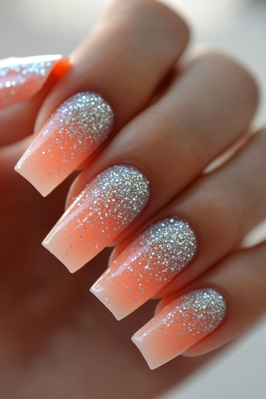 20. Peach with Silver Glitter Ombre (Peach Nail Design Ideas) - Peach Nail Design Ideas