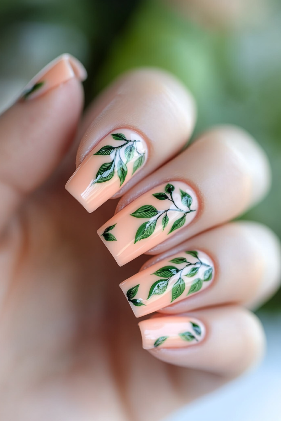 21. Peach with Leaf Accents (Peach Nail Design Ideas) - Peach Nail Design Ideas