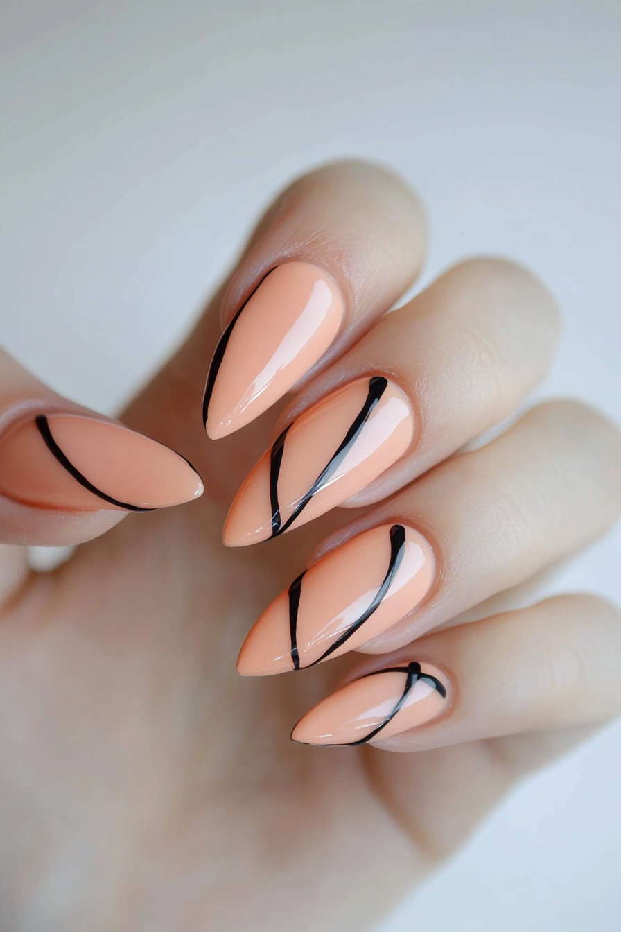 22. Peach with Black Outline (Peach Nail Design Ideas) - Peach Nail Design Ideas