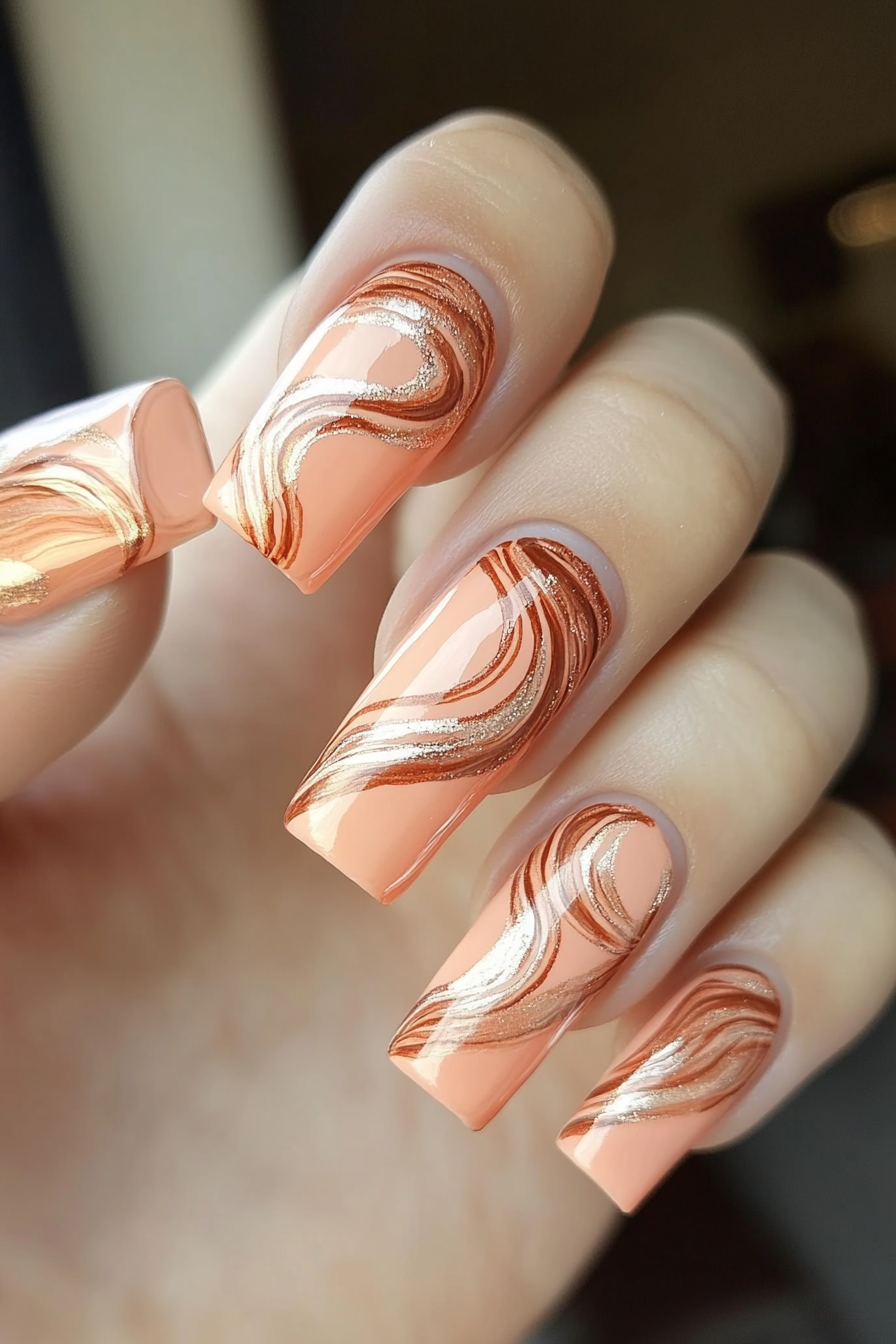 23. Peach and Copper Swirls (Peach Nail Design Ideas) - Peach Nail Design Ideas