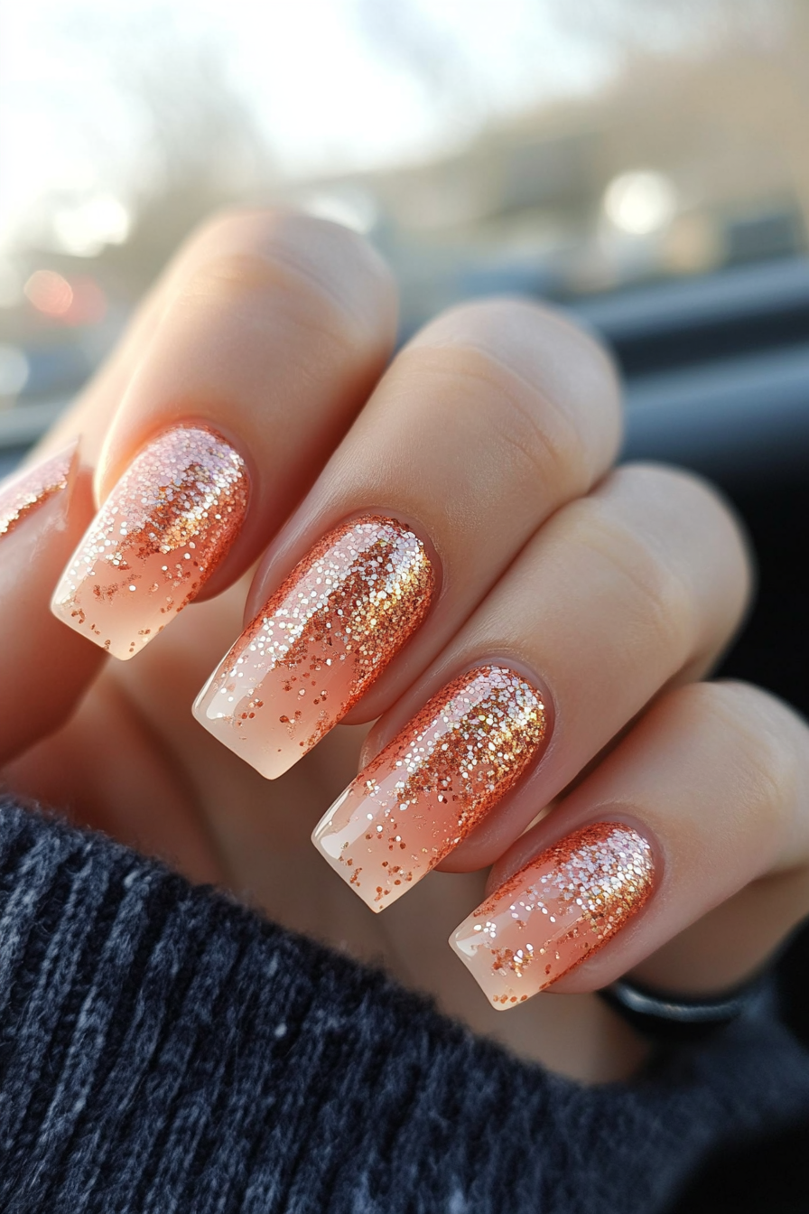 25. Peach and Rose Gold Glitter (Peach Nail Design Ideas) - Peach Nail Design Ideas