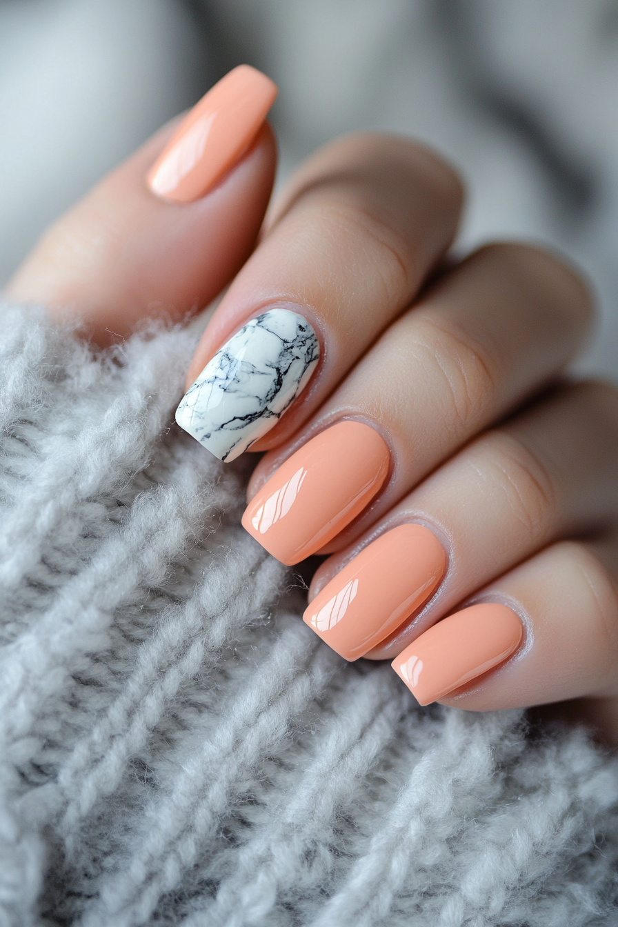 26. Peach with Marble Accent (Peach Nail Design Ideas) - Peach Nail Design Ideas
