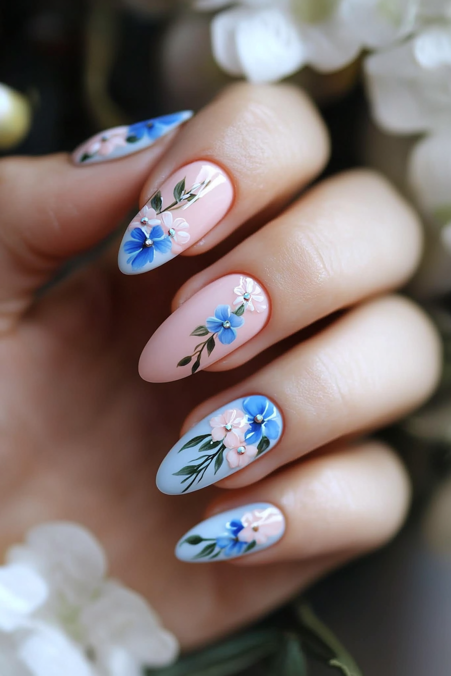 15. Pastel Pink & Blue Blossoms (Pastel Nail Design Ideas) - Pastel Nail Design Ideas