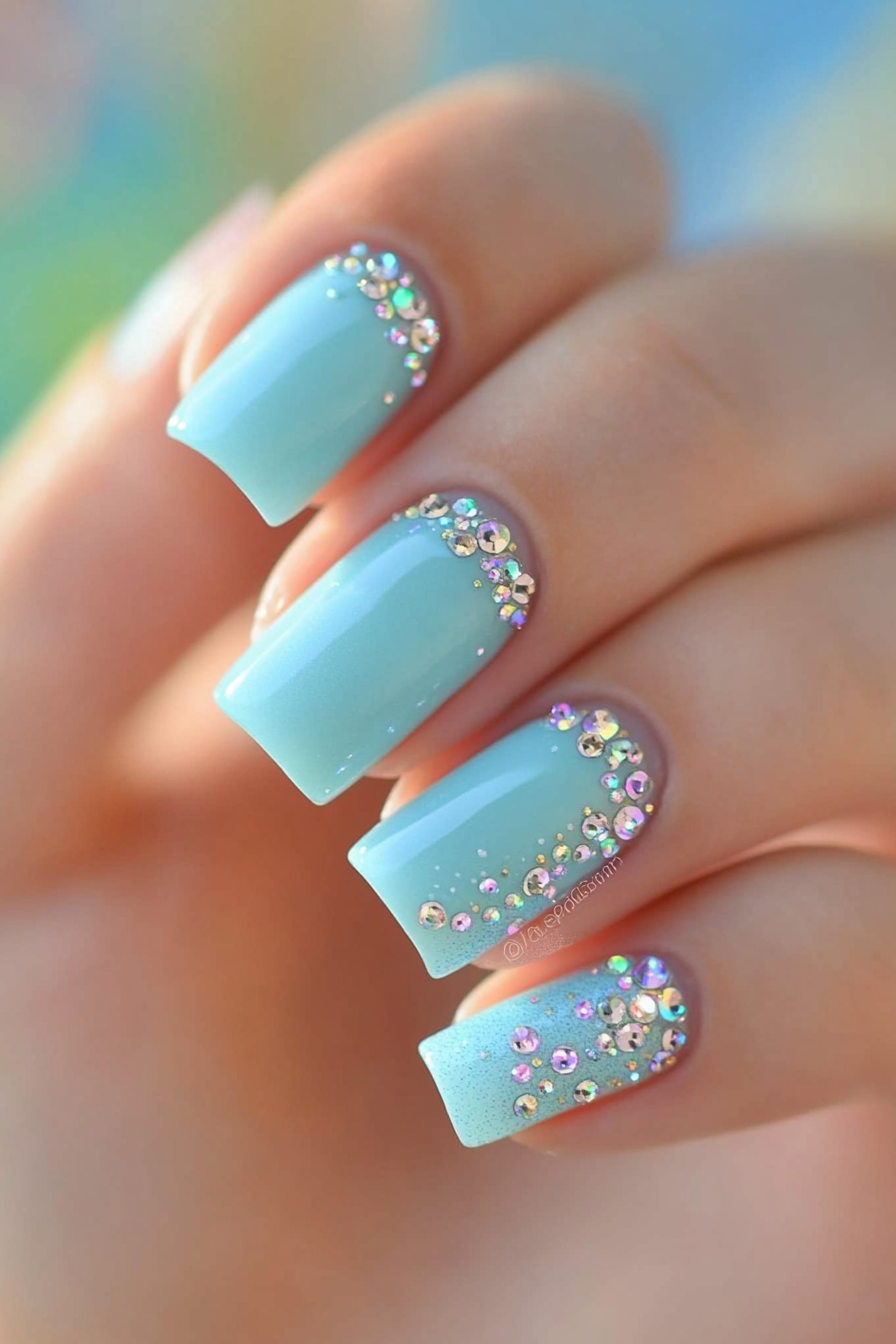 23. Soft Blue with Rhinestone Accents (Pastel Nail Design Ideas) - Pastel Nail Design Ideas