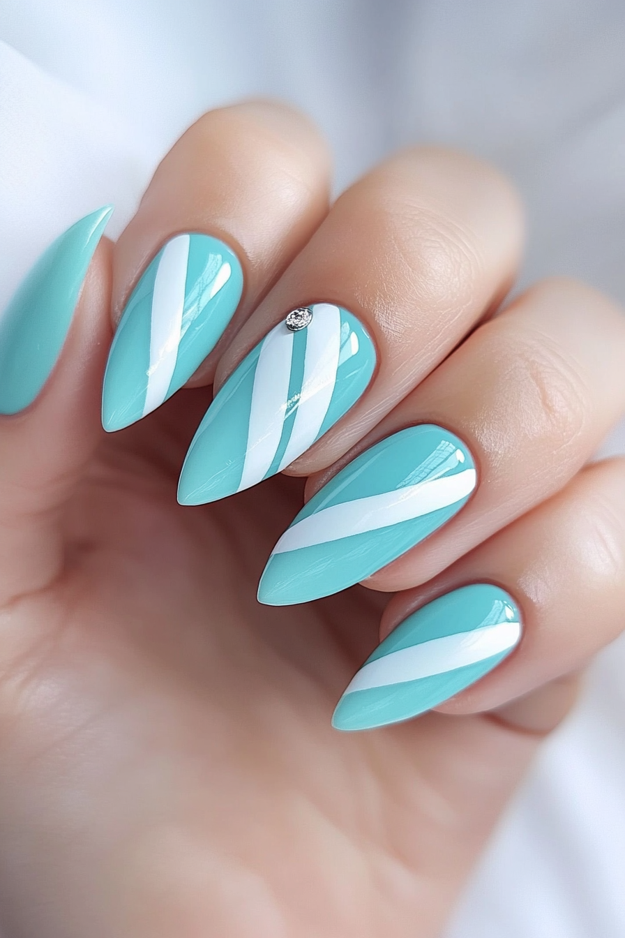 27. Aqua Blue Stripes (Pastel Nail Design Ideas) - Pastel Nail Design Ideas