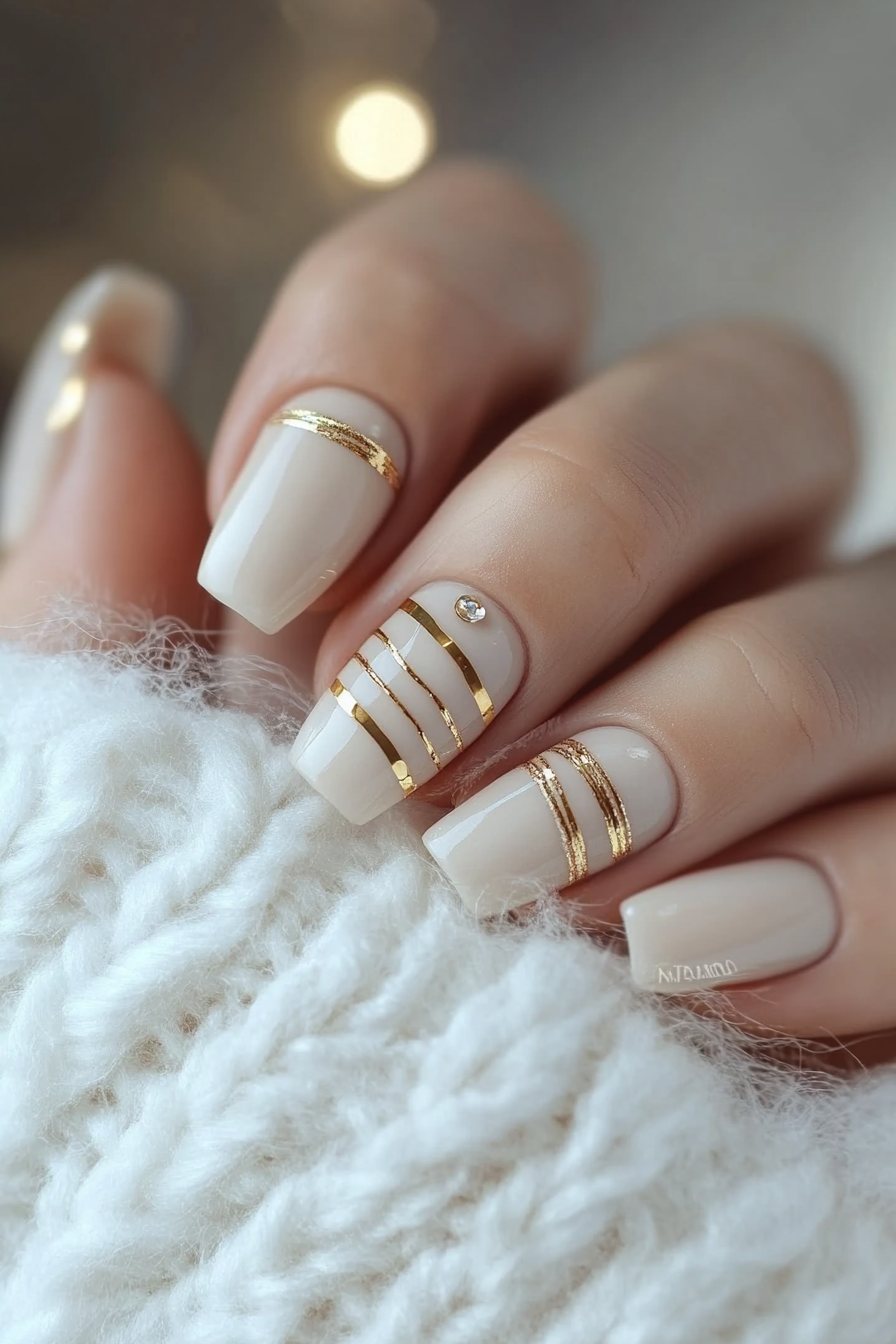 2. Light Beige & Gold Accents (Short Coffin Nail Design Ideas) - Short Coffin Nail Design Ideas