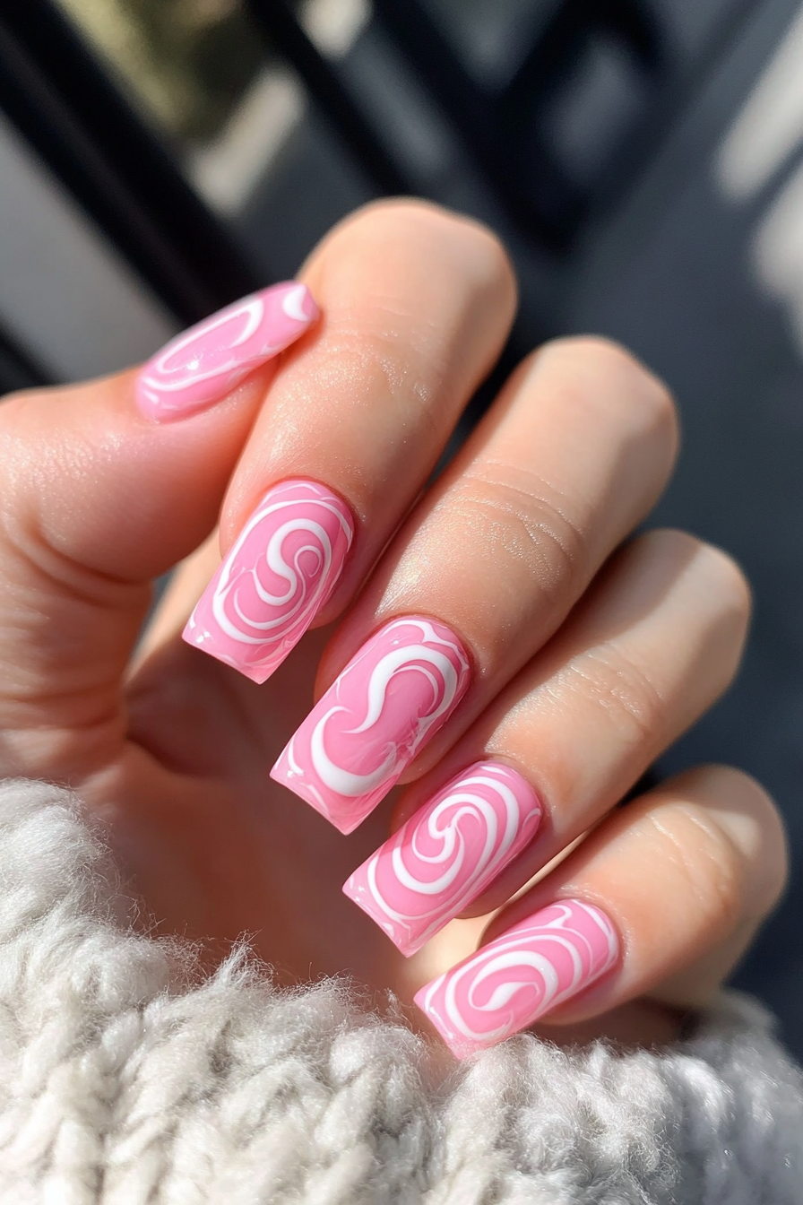 4. Soft Pastel Pink & White Swirls (Short Coffin Nail Design Ideas) - Short Coffin Nail Design Ideas