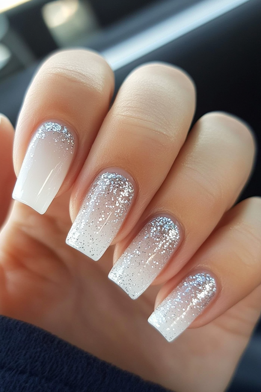 8. White & Silver Glitter Tips (Short Coffin Nail Design Ideas) - Short Coffin Nail Design Ideas