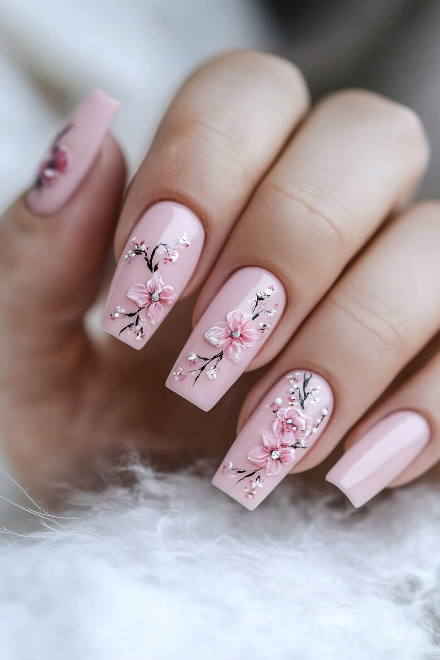 10. Pale Pink with Floral Detailing (Short Coffin Nail Design Ideas) - Short Coffin Nail Design Ideas