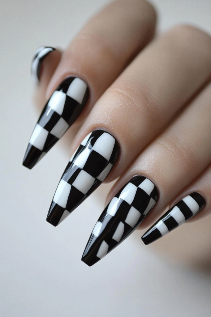 11. Black & White Checkerboard (Short Coffin Nail Design Ideas) - Short Coffin Nail Design Ideas