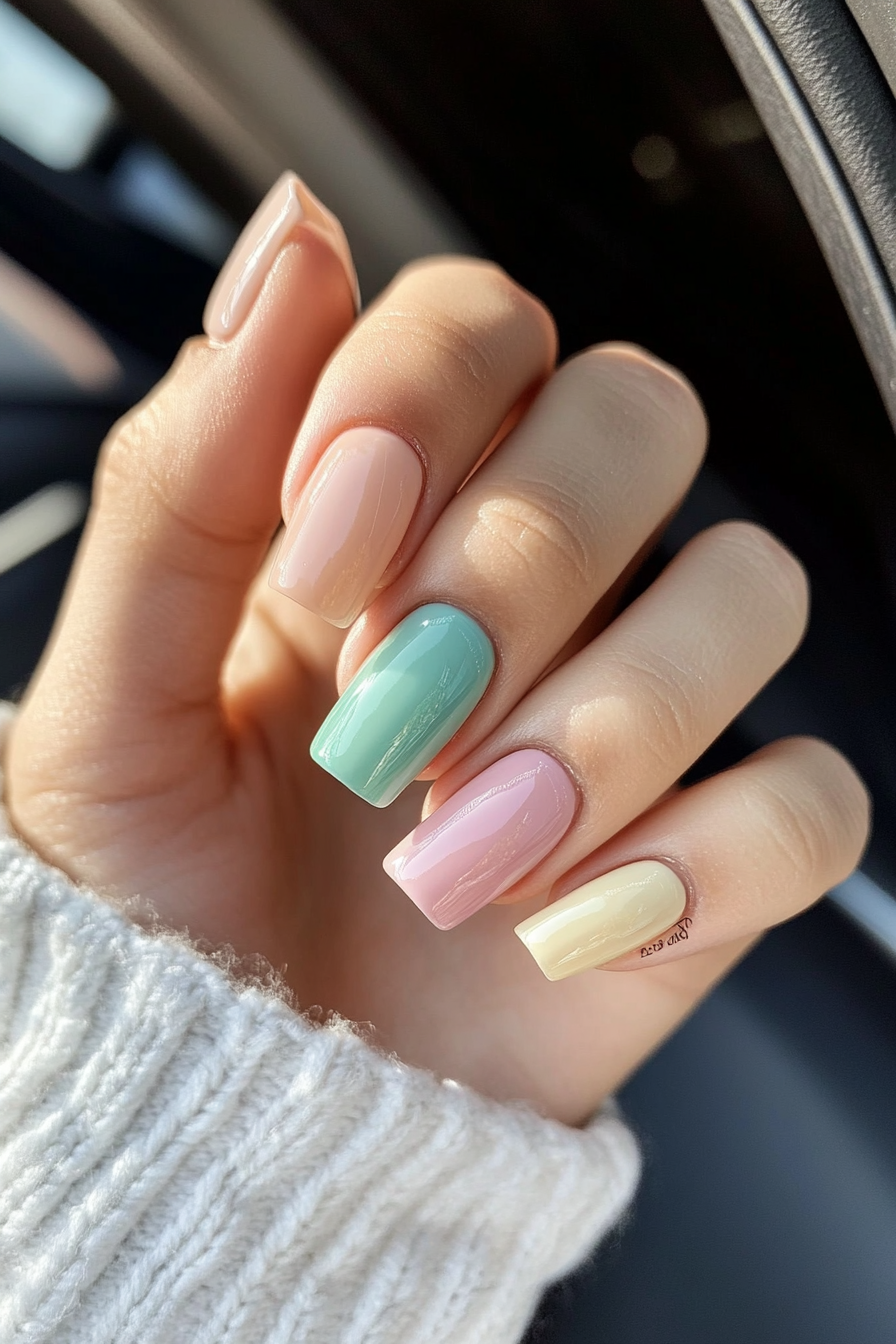 12. Pastel Rainbow Nails (Short Coffin Nail Design Ideas) - Short Coffin Nail Design Ideas