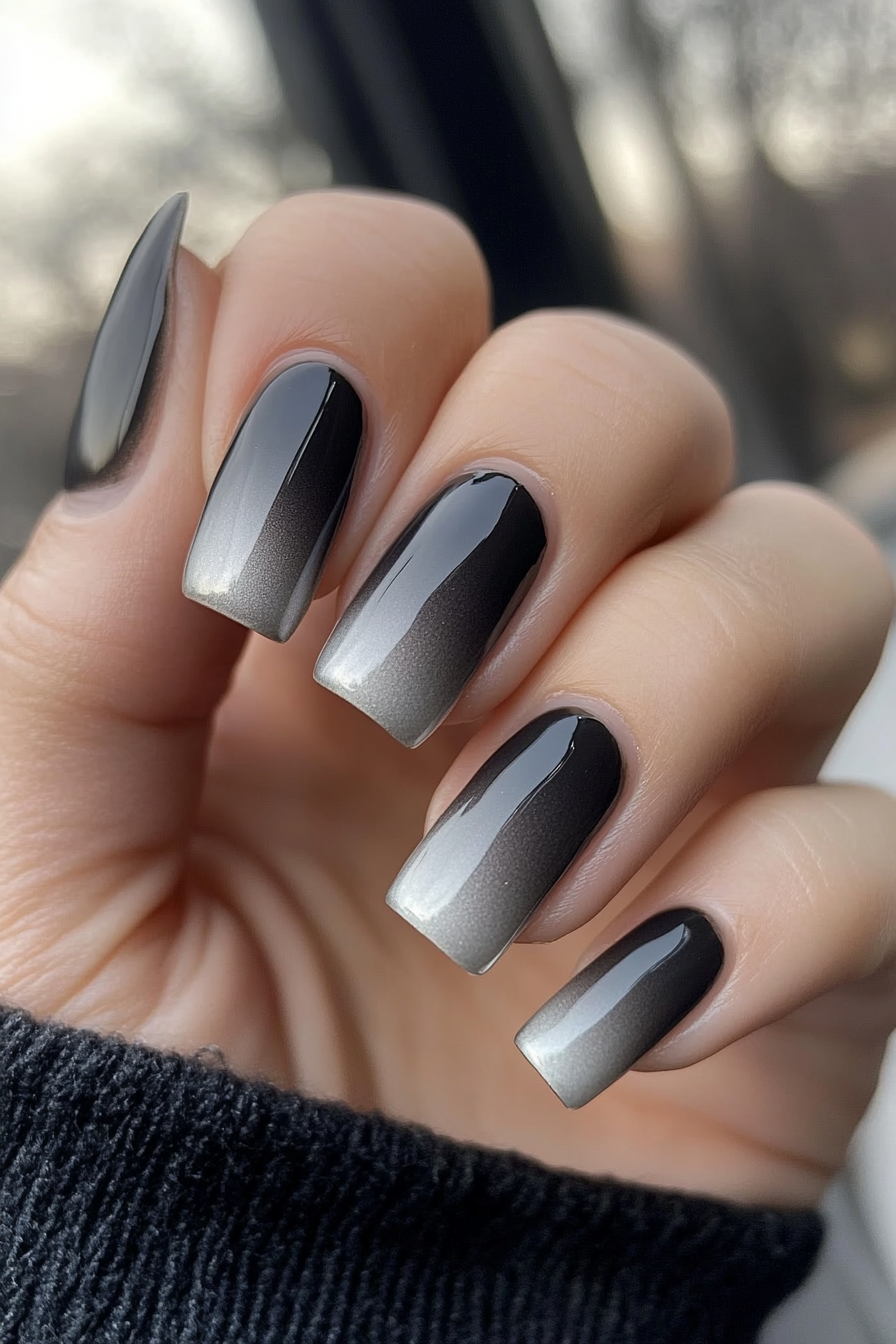 13. Smoky Grey & Silver Ombre (Short Coffin Nail Design Ideas) - Short Coffin Nail Design Ideas