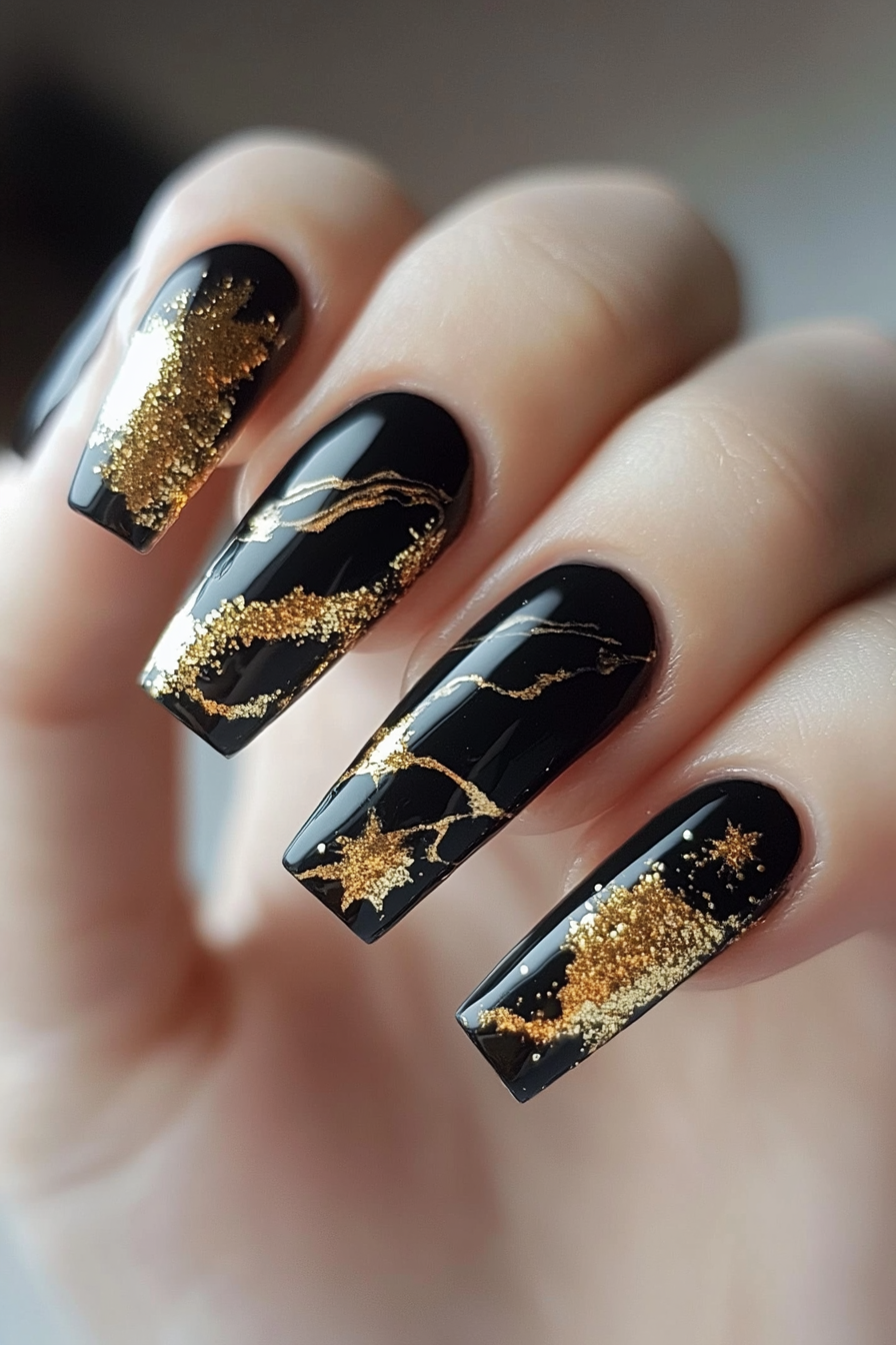 14. Glittering Gold & Black Marble (Short Coffin Nail Design Ideas) - Short Coffin Nail Design Ideas