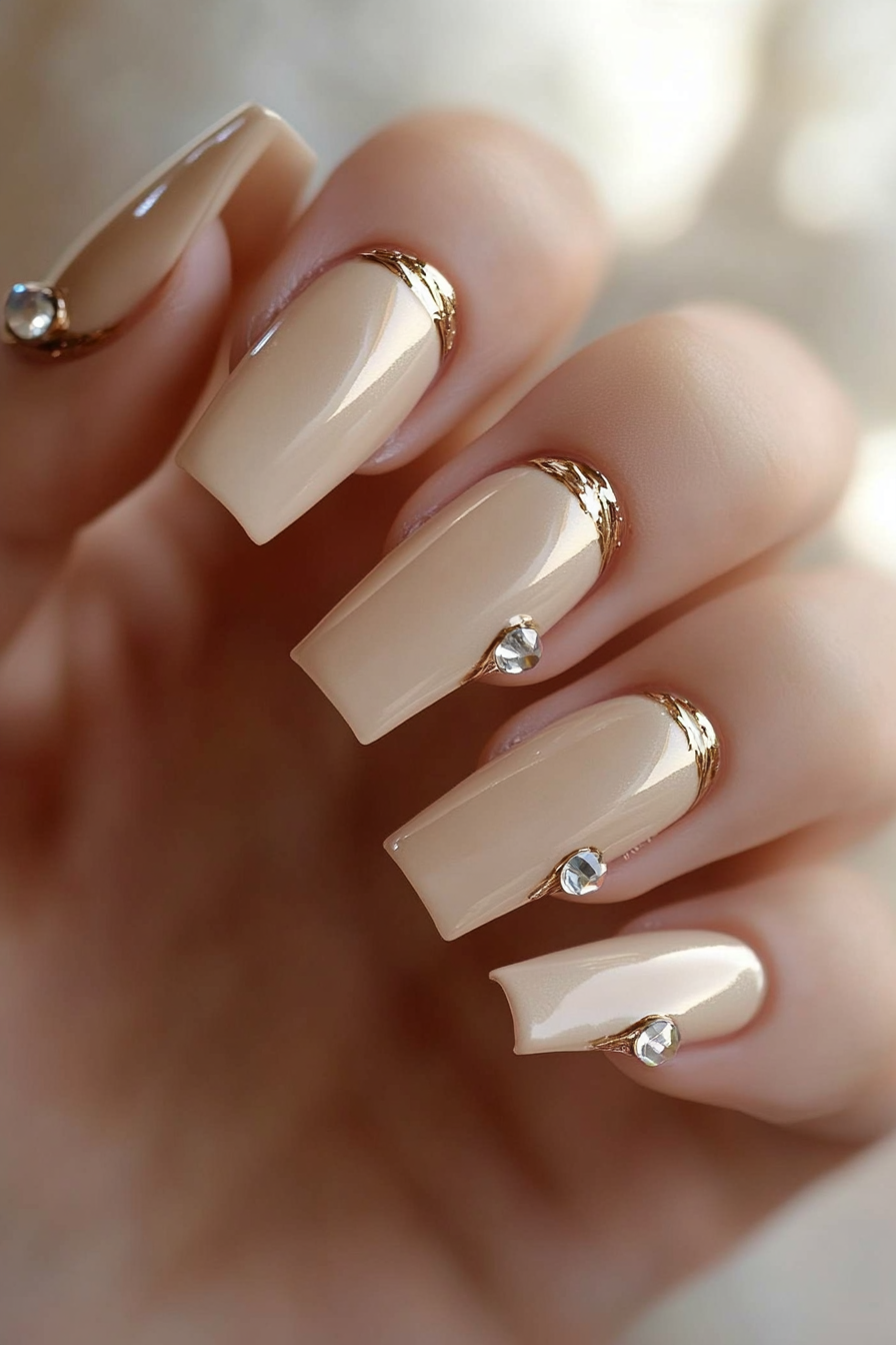 15. Light Beige with Rhinestones (Short Coffin Nail Design Ideas) - Short Coffin Nail Design Ideas
