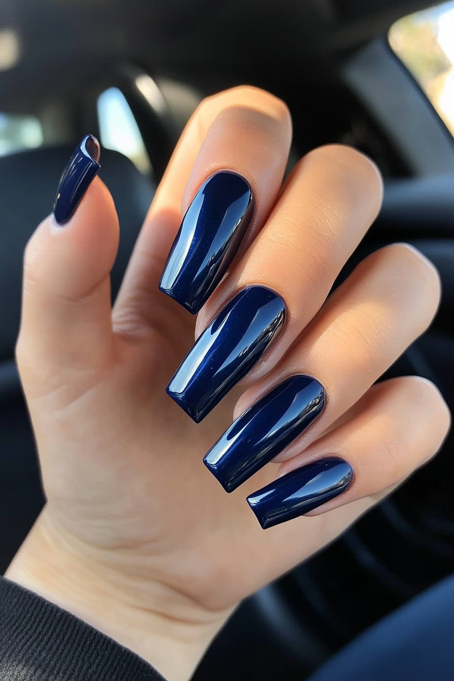 16. Bold Navy Blue Coffin Nails (Short Coffin Nail Design Ideas) - Short Coffin Nail Design Ideas