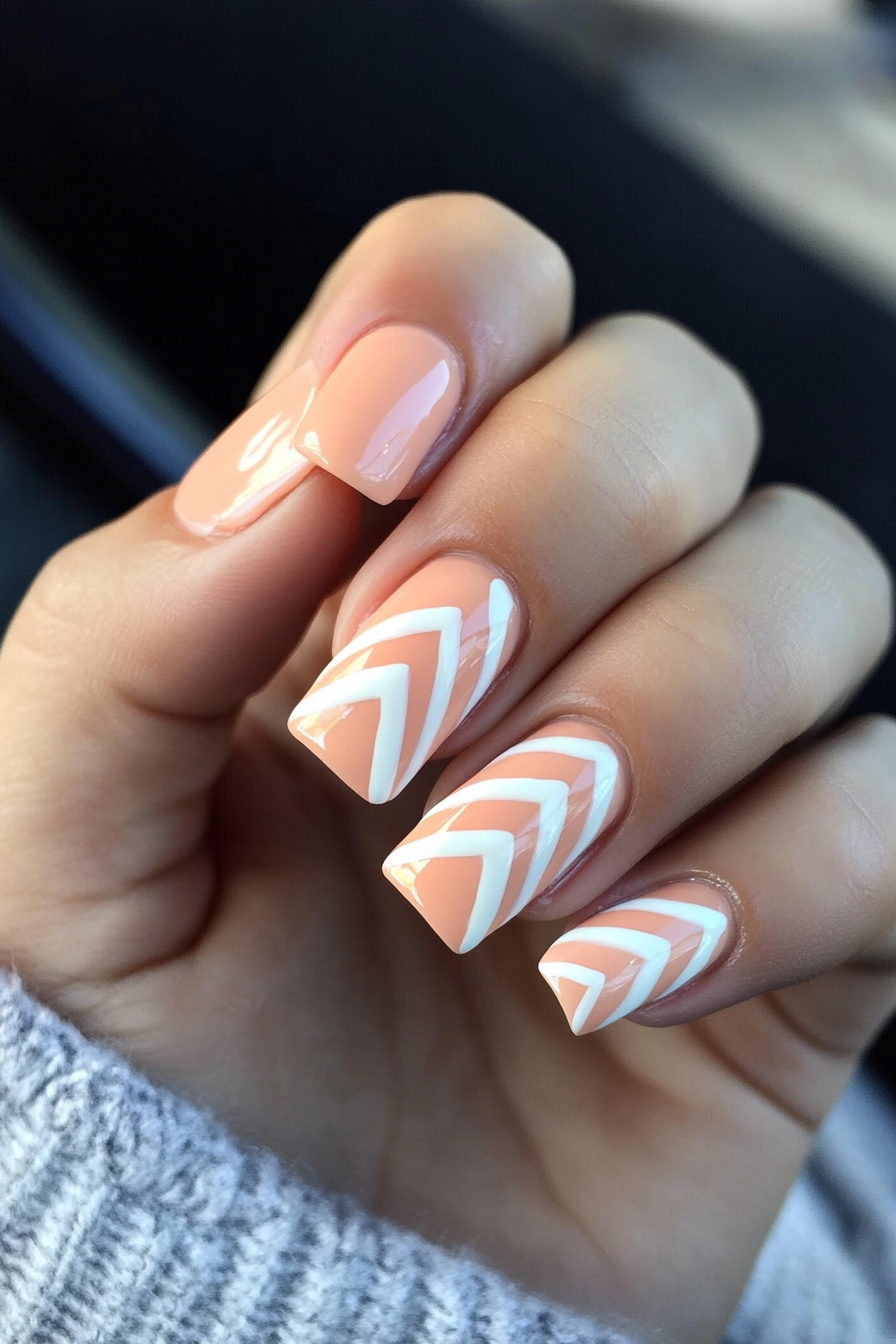 17. Peach & White Chevron Pattern (Short Coffin Nail Design Ideas) - Short Coffin Nail Design Ideas