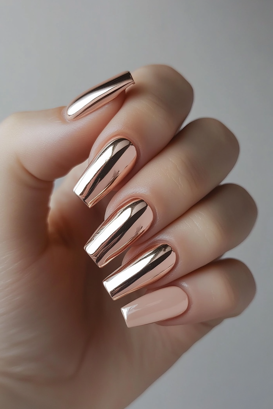 18. Champagne & Rose Gold Accent (Short Coffin Nail Design Ideas) - Short Coffin Nail Design Ideas