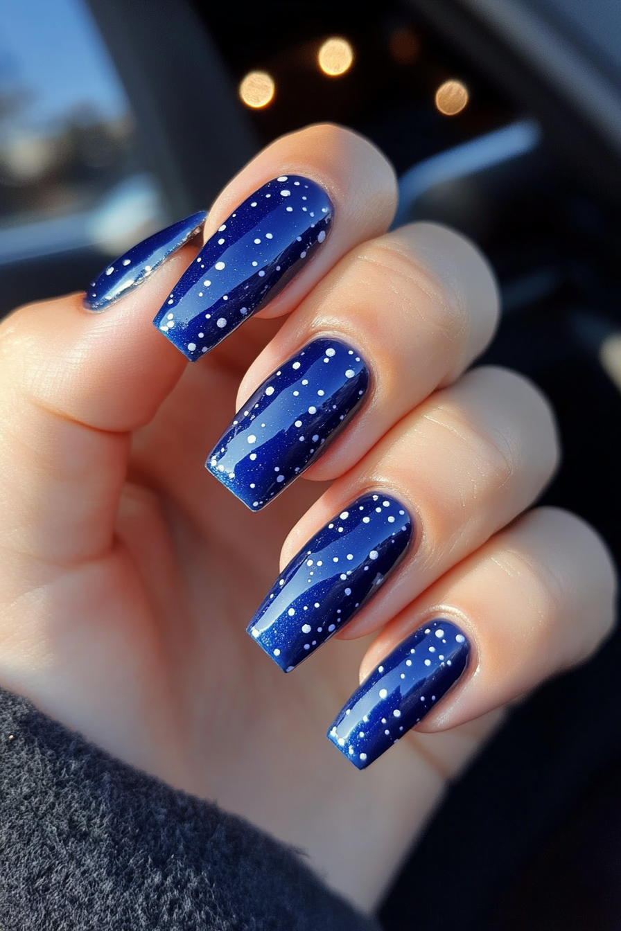 19. Cobalt Blue with Silver Dots (Short Coffin Nail Design Ideas) - Short Coffin Nail Design Ideas