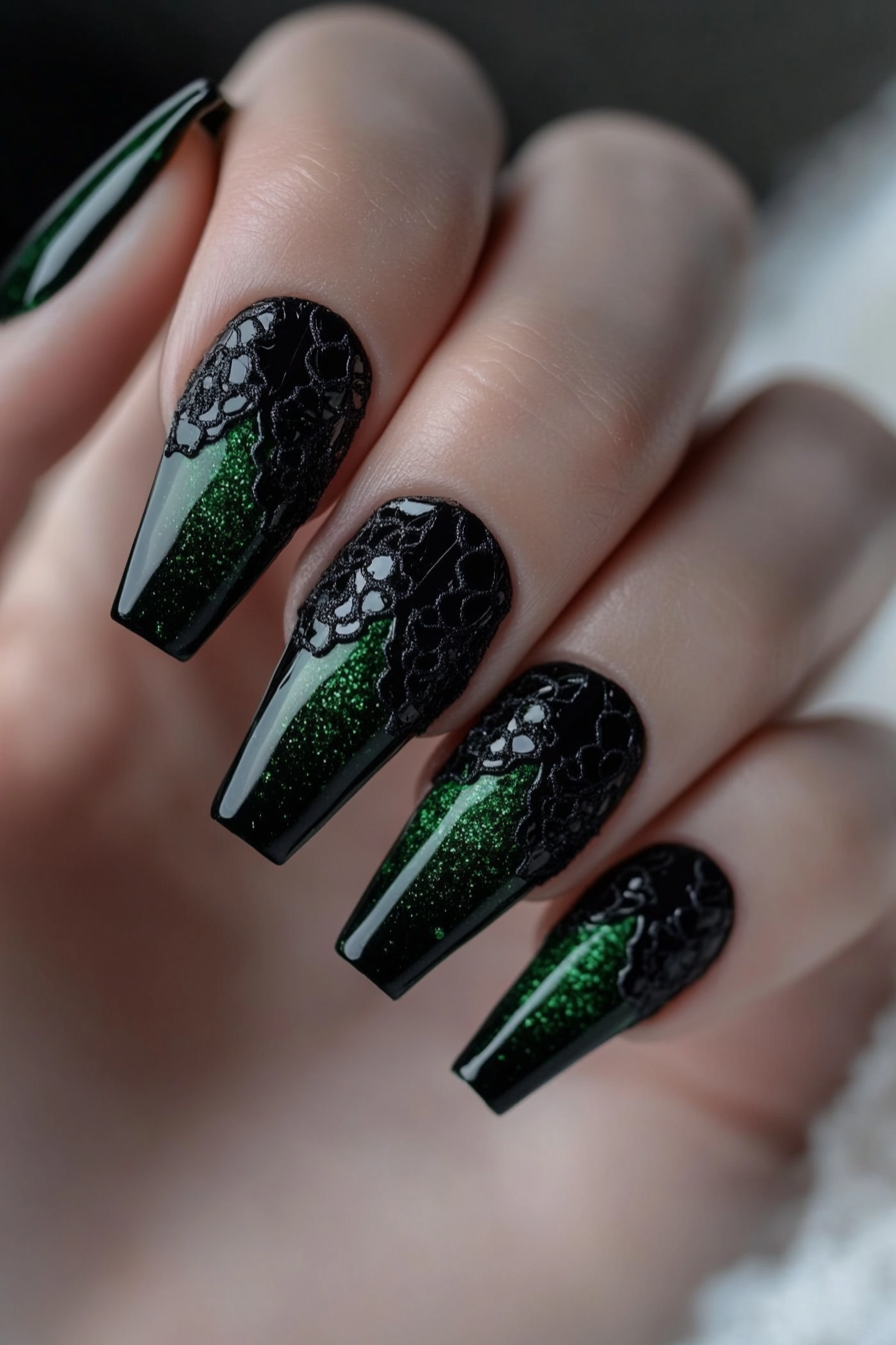 21. Emerald Green with Black Lace (Short Coffin Nail Design Ideas) - Short Coffin Nail Design Ideas