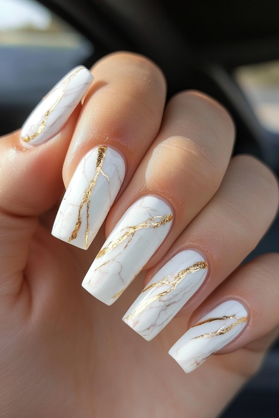 22. White Marble with Gold Veins (Short Coffin Nail Design Ideas) - Short Coffin Nail Design Ideas