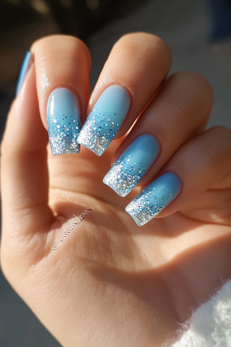 23. Shimmering Silver & Blue Tips (Short Coffin Nail Design Ideas) - Short Coffin Nail Design Ideas