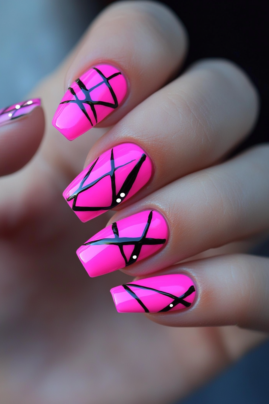 24. Neon Pink with Black Accents (Short Coffin Nail Design Ideas) - Short Coffin Nail Design Ideas