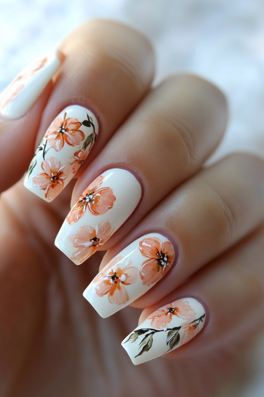 25. White & Peach Floral Art (Short Coffin Nail Design Ideas) - Short Coffin Nail Design Ideas