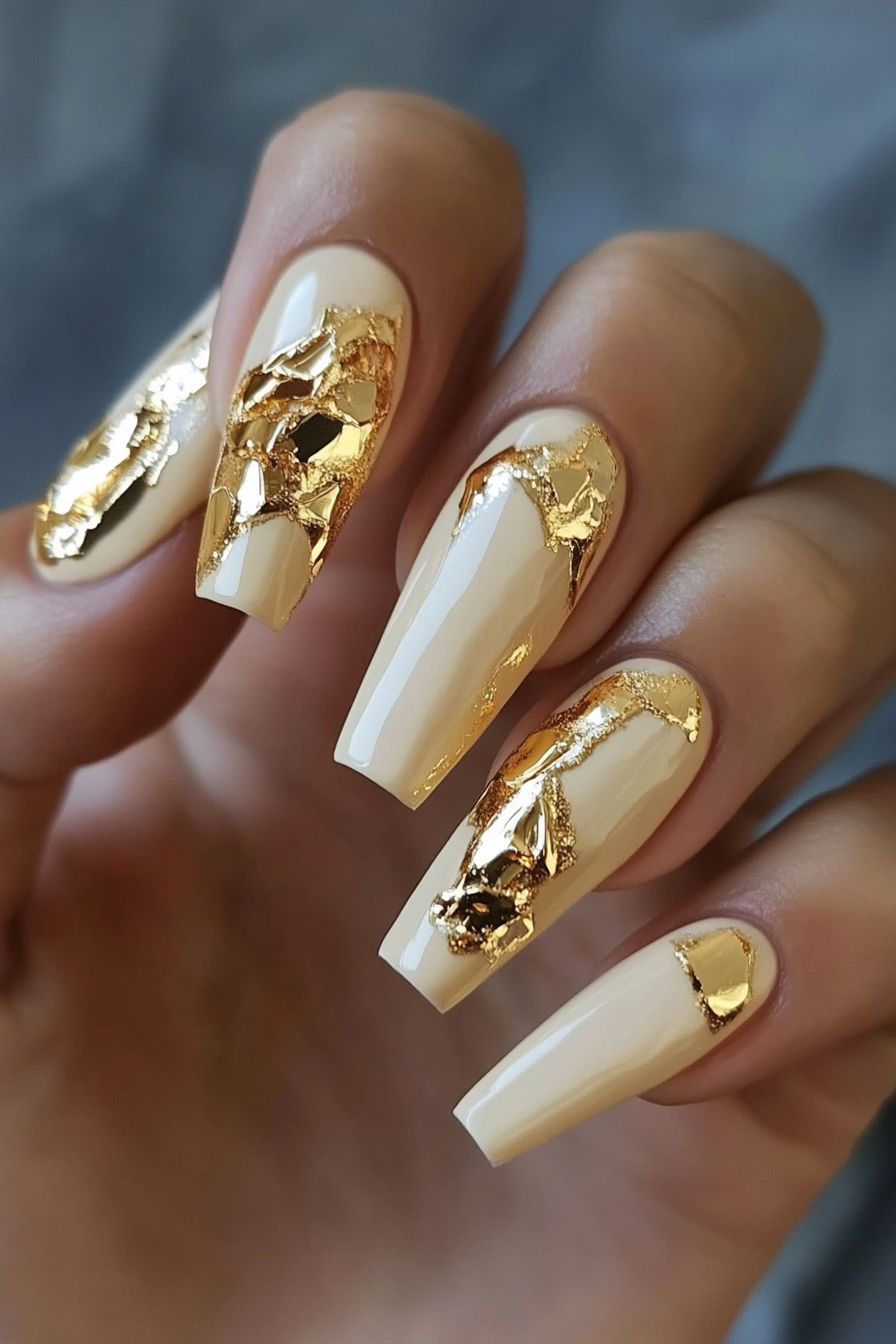 26. Light Beige with Gold Foil (Short Coffin Nail Design Ideas) - Short Coffin Nail Design Ideas