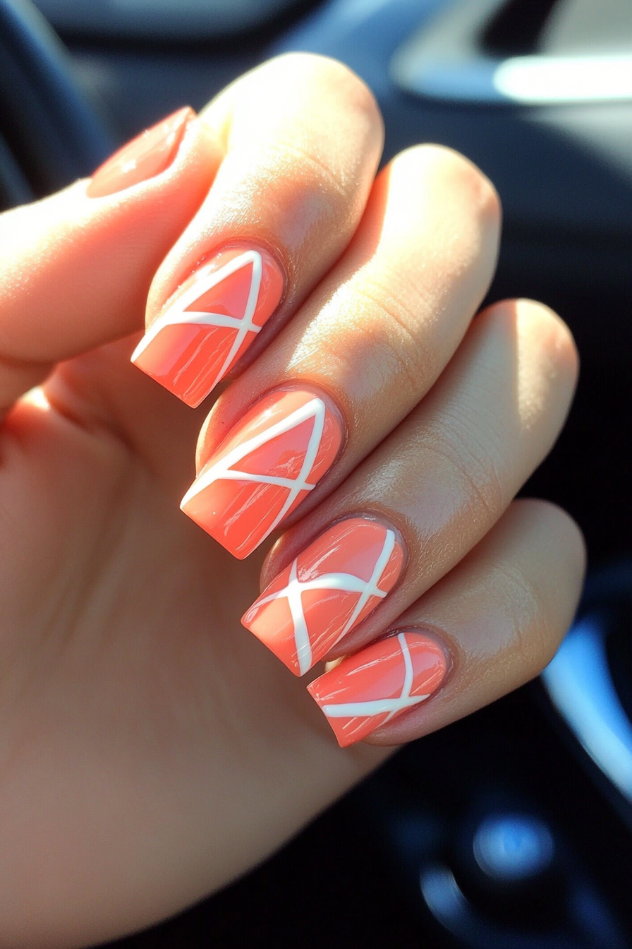 27. Soft Coral & White Abstract Art (Short Coffin Nail Design Ideas) - Short Coffin Nail Design Ideas