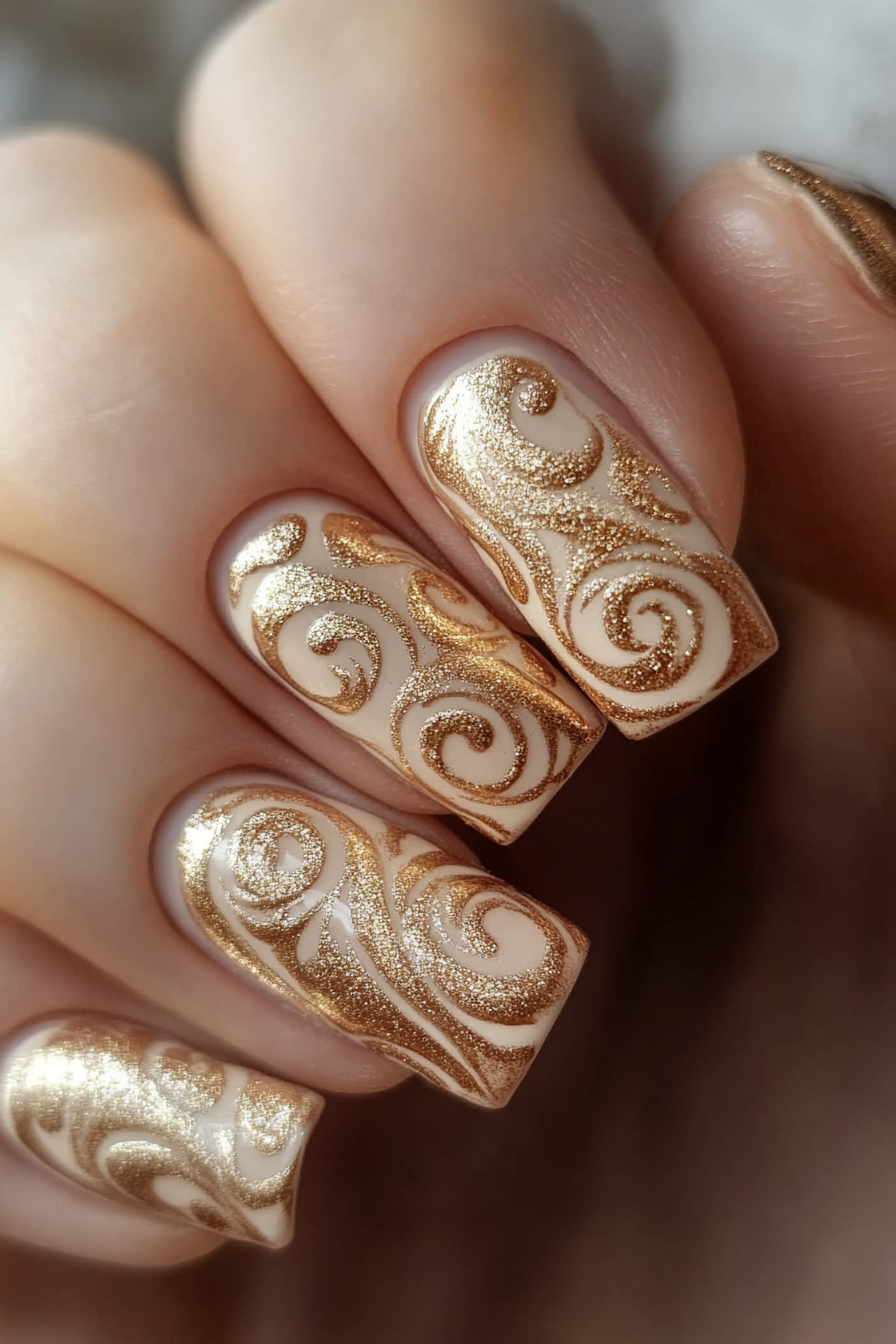 3. Golden Swirls on Matte Beige (Swirl Nail Design Ideas) - Swirl Nail Design Ideas