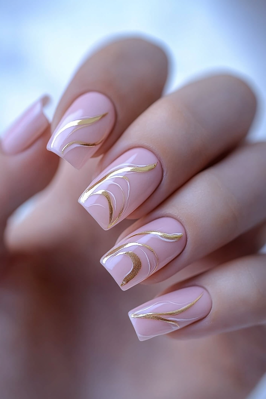 7. Blush Pink and Gold Swirls (Swirl Nail Design Ideas) - Swirl Nail Design Ideas