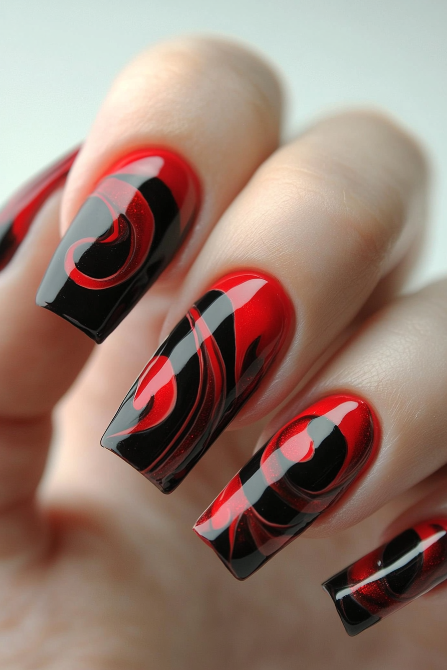 8. Bold Red and Black Swirl (Swirl Nail Design Ideas) - Swirl Nail Design Ideas