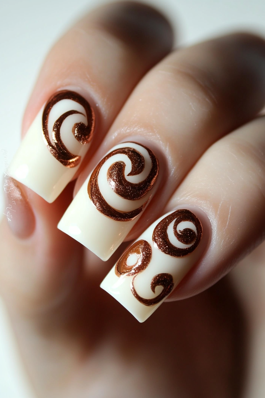 10. Copper Swirl on Ivory (Swirl Nail Design Ideas) - Swirl Nail Design Ideas