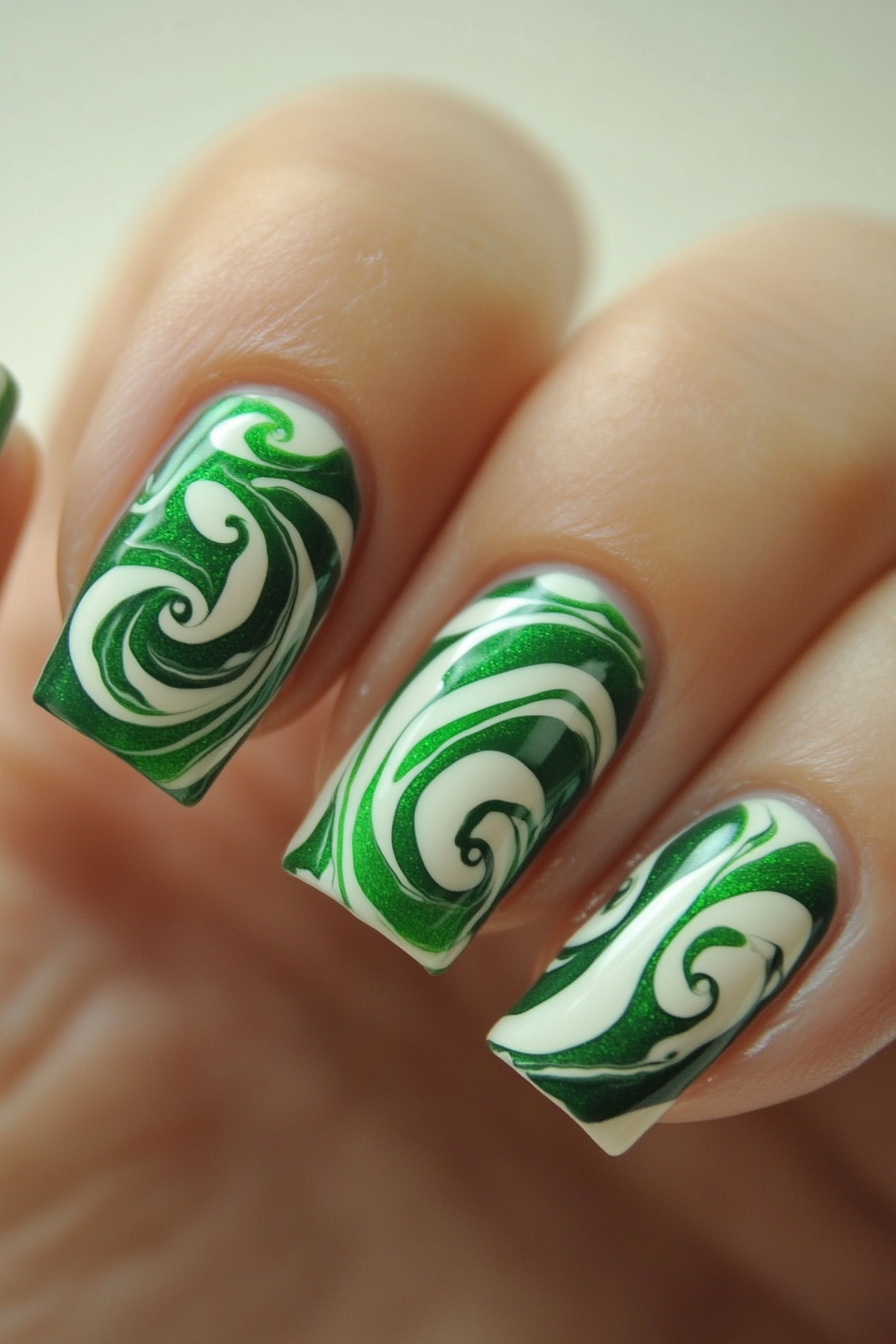 11. Emerald Green and White Swirl (Swirl Nail Design Ideas) - Swirl Nail Design Ideas