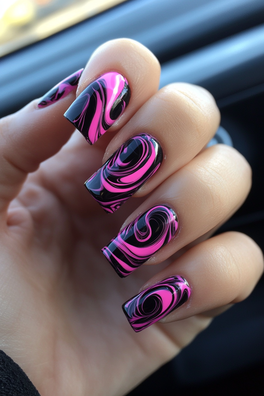 12. Electric Pink and Black (Swirl Nail Design Ideas) - Swirl Nail Design Ideas