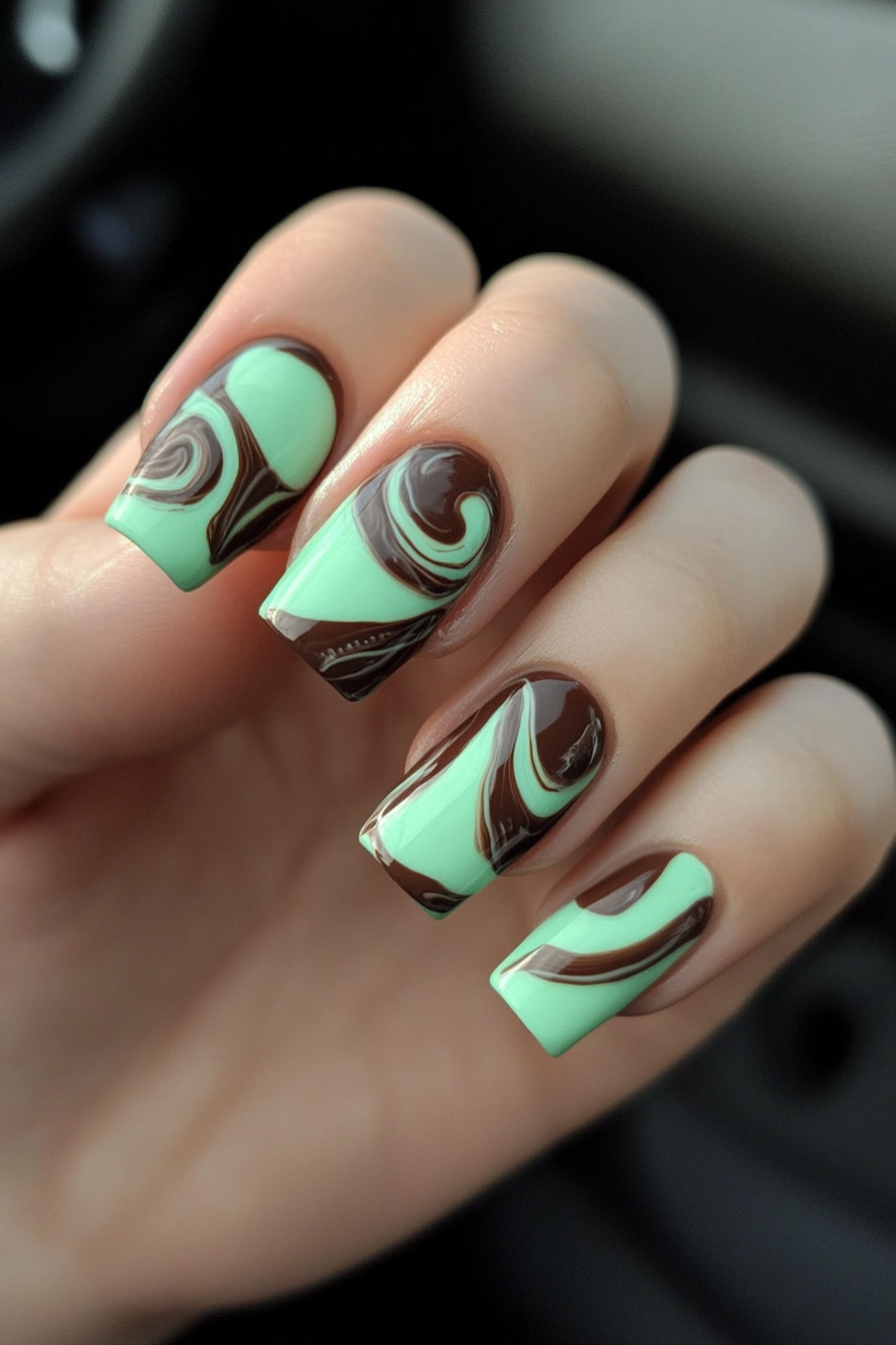 16. Chocolate and Mint Swirl (Swirl Nail Design Ideas) - Swirl Nail Design Ideas
