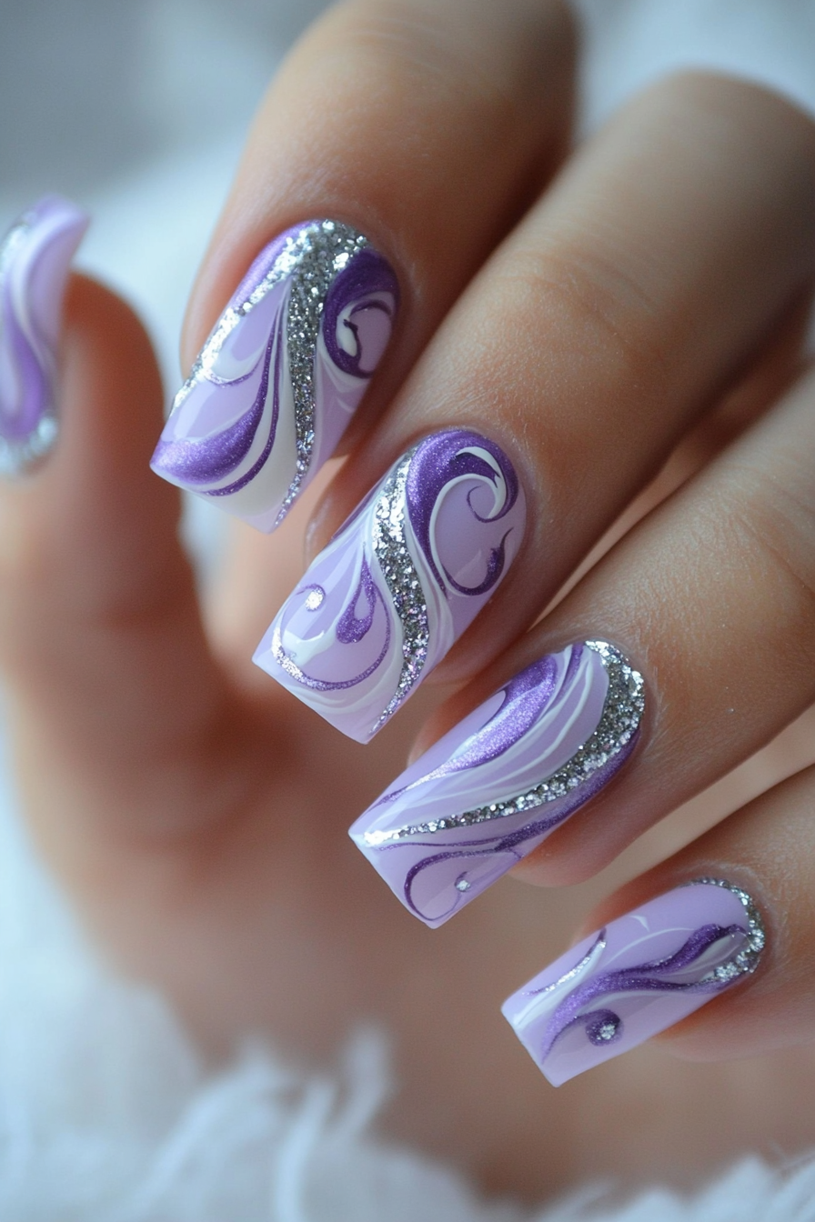 17. Lavender and Silver Accent (Swirl Nail Design Ideas) - Swirl Nail Design Ideas