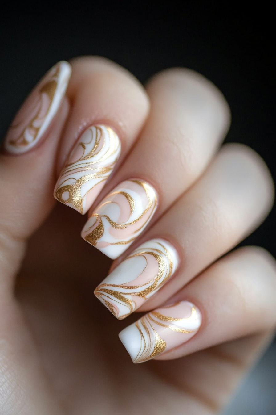19. Soft Pink and Gold (Swirl Nail Design Ideas) - Swirl Nail Design Ideas