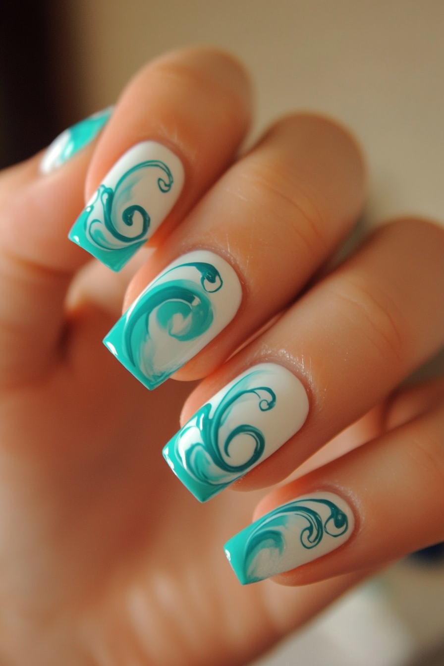 20. Turquoise and White Swirl (Swirl Nail Design Ideas) - Swirl Nail Design Ideas
