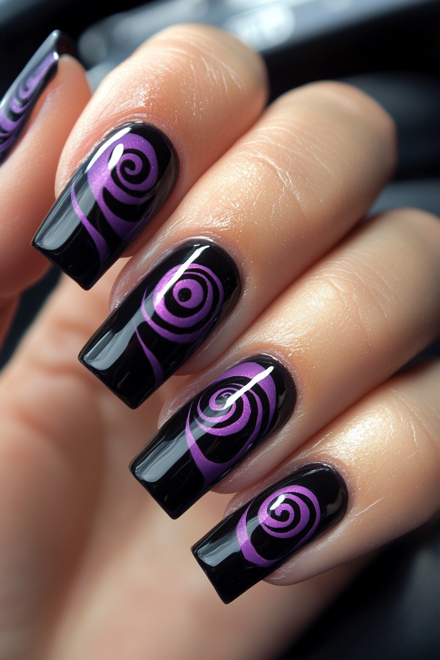 23. Gothic Black and Purple (Swirl Nail Design Ideas) - Swirl Nail Design Ideas