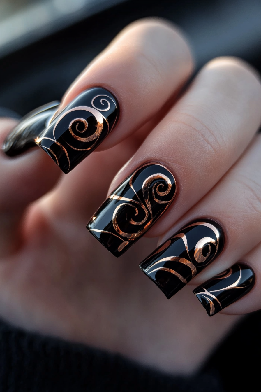 26. Rose Gold and Black Swirls (Swirl Nail Design Ideas) - Swirl Nail Design Ideas