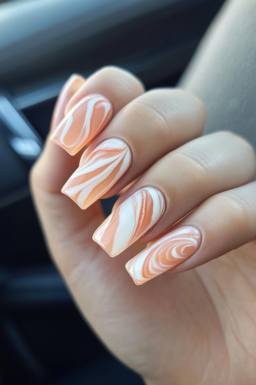 27. Soft Peach and White Swirls (Swirl Nail Design Ideas) - Swirl Nail Design Ideas