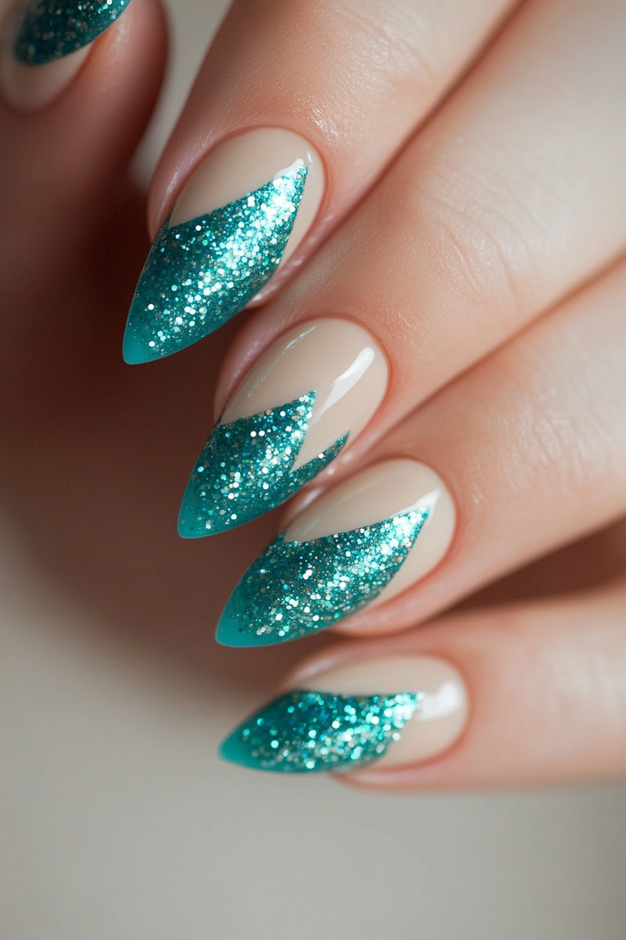 2. Glitter Teal Tips (Teal Color Nail Design Ideas) - Teal Color Nail Design Ideas