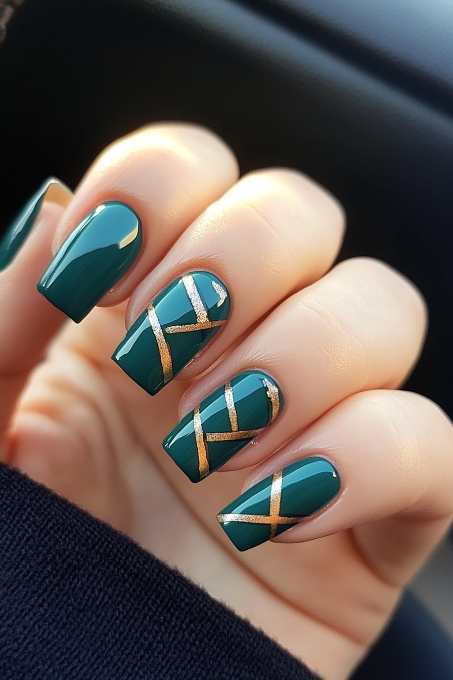 4. Teal and Gold Geometric Shapes (Teal Color Nail Design Ideas) - Teal Color Nail Design Ideas
