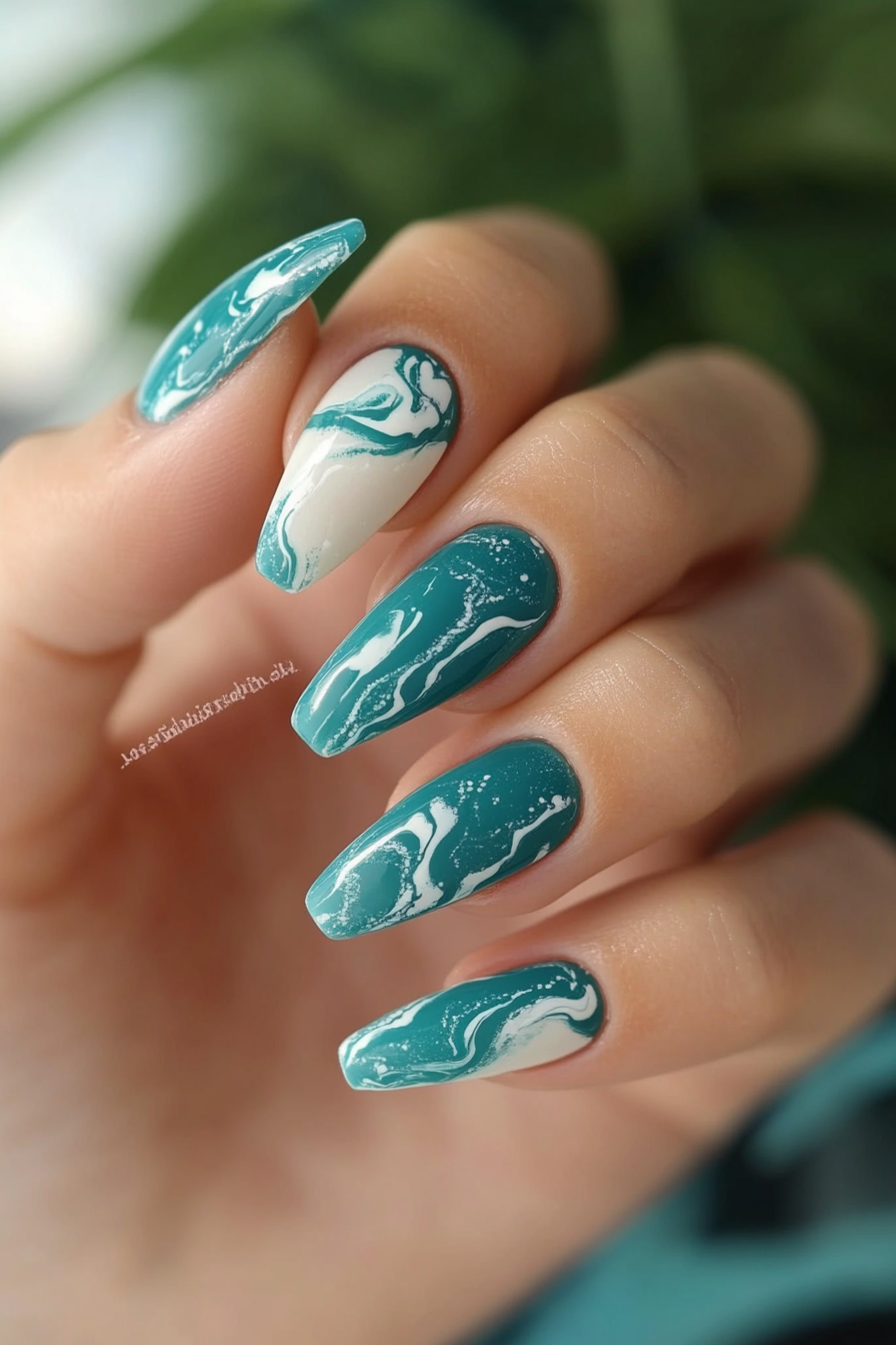 5. Teal Marble Effect (Teal Color Nail Design Ideas) - Teal Color Nail Design Ideas