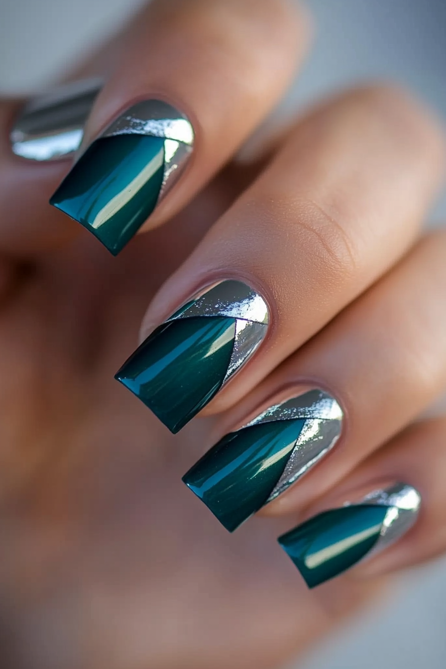 6. Teal with Silver Foil Accents (Teal Color Nail Design Ideas) - Teal Color Nail Design Ideas
