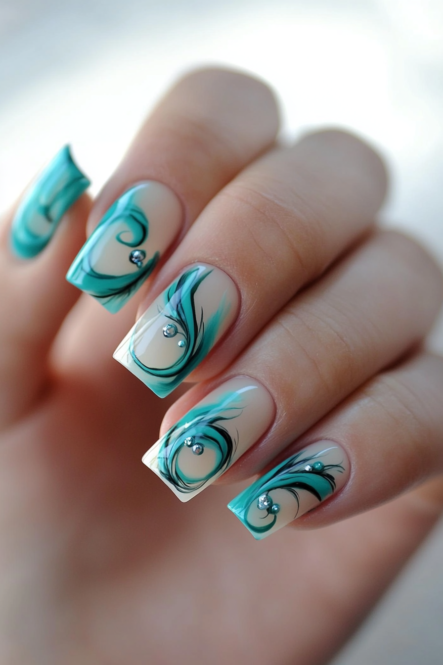 7. Teal Abstract Swirls (Teal Color Nail Design Ideas) - Teal Color Nail Design Ideas