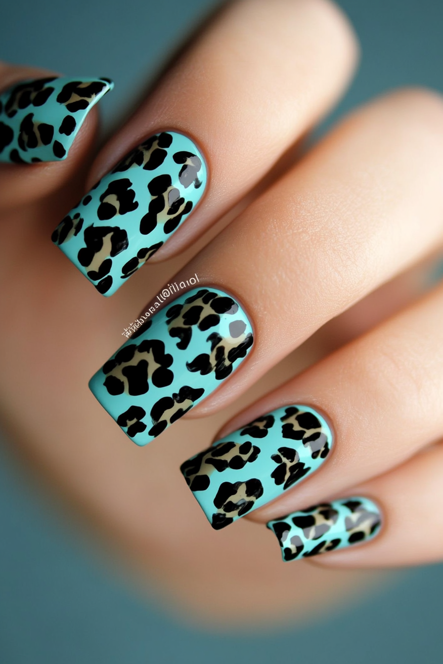 9. Teal and Black Animal Print (Teal Color Nail Design Ideas) - Teal Color Nail Design Ideas