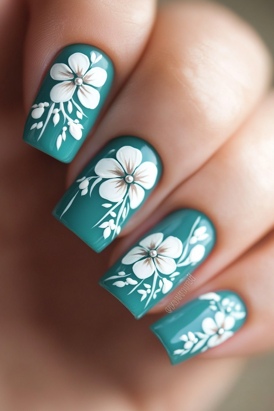 10. Teal and White Floral Designs (Teal Color Nail Design Ideas) - Teal Color Nail Design Ideas